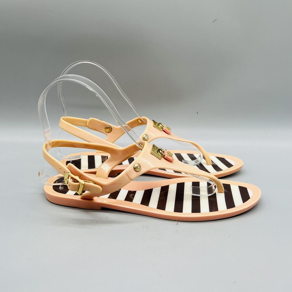 Henri Bendel Sandals Womens 6 Pink Jelly Stripe Thong Logo Slingback Flat Shoes